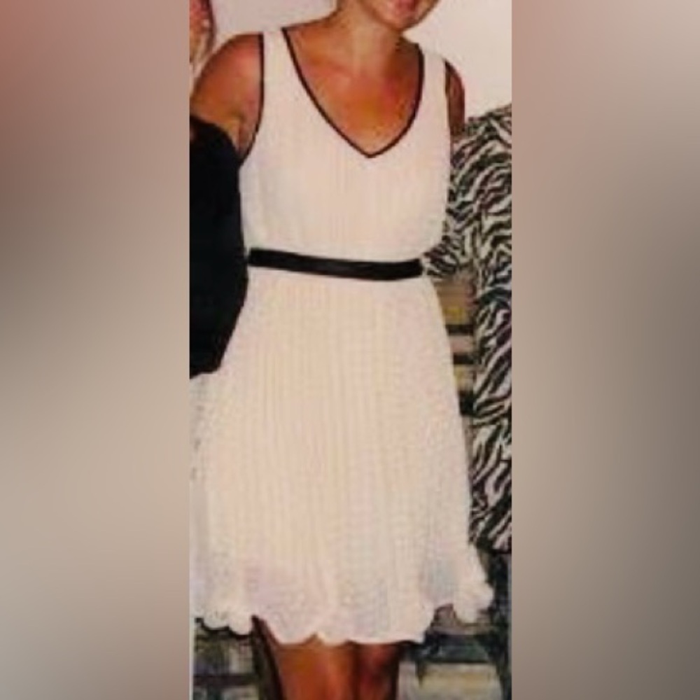 Elegant Cream V-Neck Dress with black leather trim & tie belt